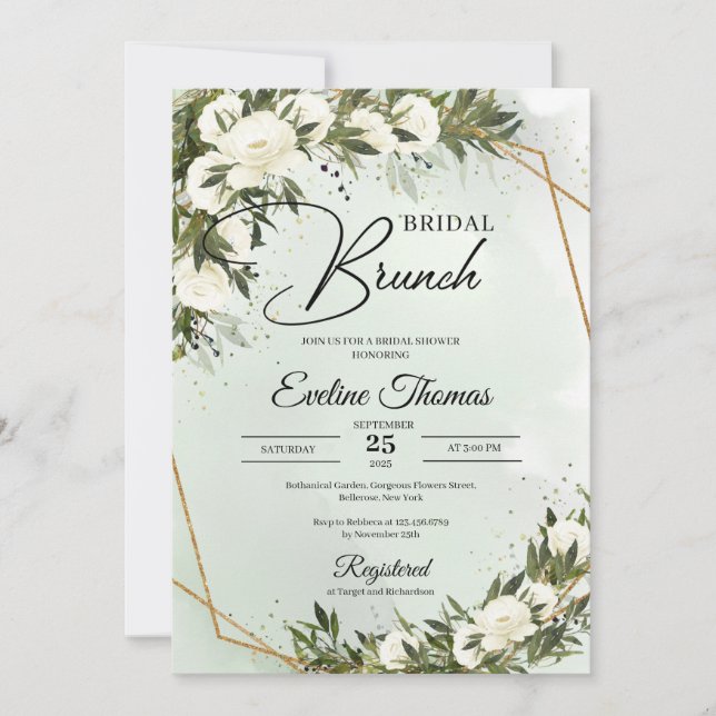 Boho Olive foliage white roses gold Bridal brunch Invitation (Front)
