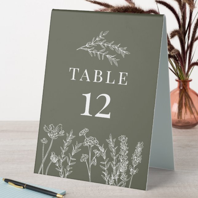 Boho Olive Green Wildflower Table Card Number Tent (In SItu (Table))