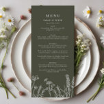 Boho Olive Green Wildflower Wedding Flat Menu<br><div class="desc">Elevate your wedding reception with our Boho Olive Green Wildflower Wedding Flat Menu. Designed with the modern bohemian couple in mind, this stunning menu features a delicate wildflower motif set against a serene olive green background. Perfect for adding a touch of rustic elegance to your table settings, this flat menu...</div>