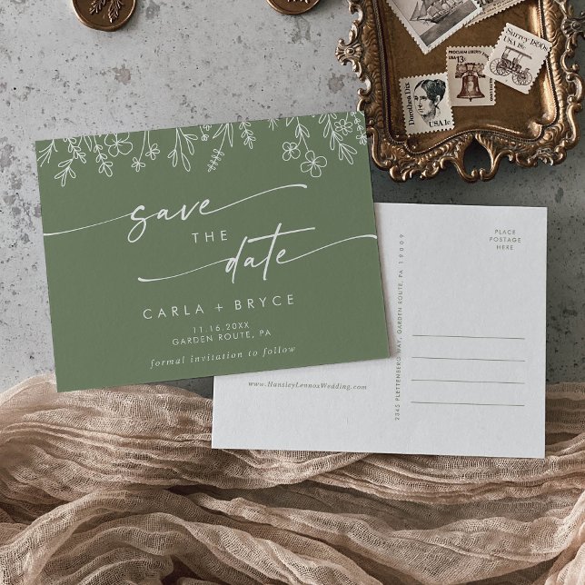 Boho Olive Green Wildflower Wedding Save the Date Invitation Postcard (Creator Uploaded)