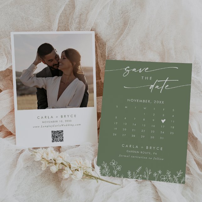 Boho Olive Wildflower QR Code Photo Calendar  Save The Date (Creator Uploaded)