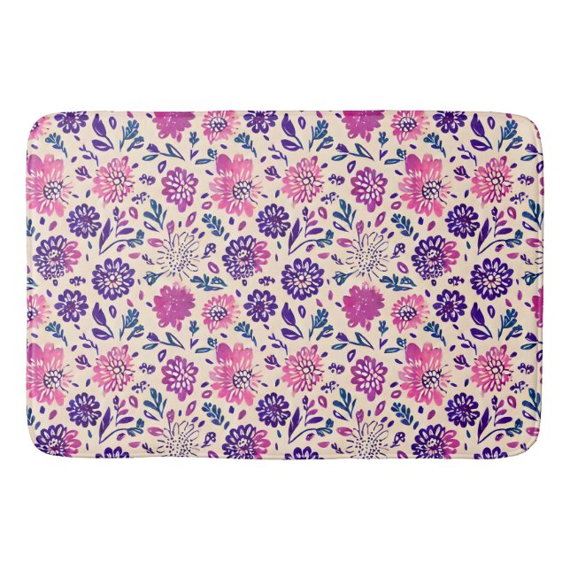 Boho Ombre Floral Botanical Purple Bath Mat (Front)
