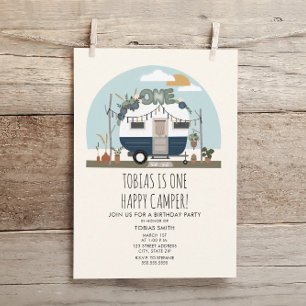 Boho One Happy Camper 1st Birthday Party Blue Invitation