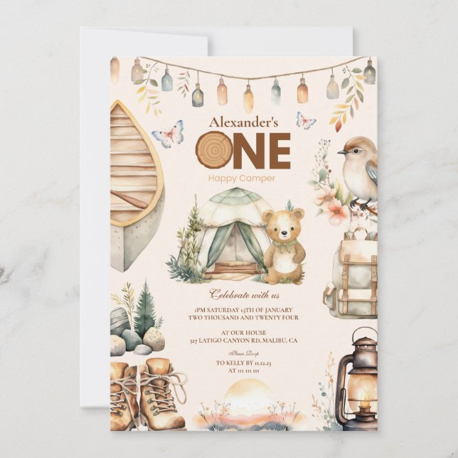 Boho One Happy Camper 1st Birthday Party  Invitation (Front)