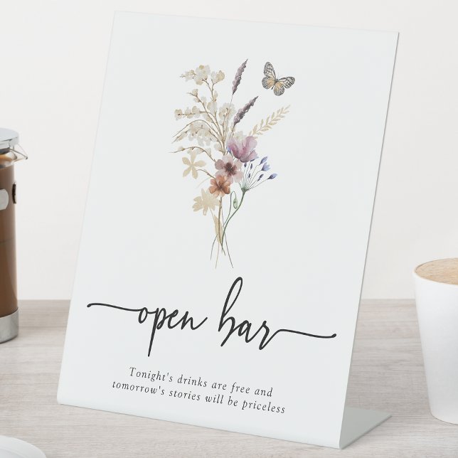 Boho Open Bar Pedestal Sign (Elegant Boho Floral Open Bar Pedestal Sign with Butterfly by Painted Paperie
)