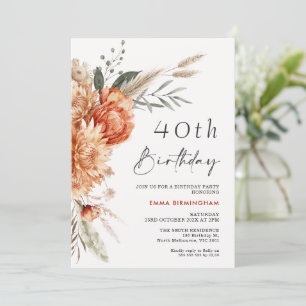 Boho Orange Beige Floral 40th Birthday Invitation