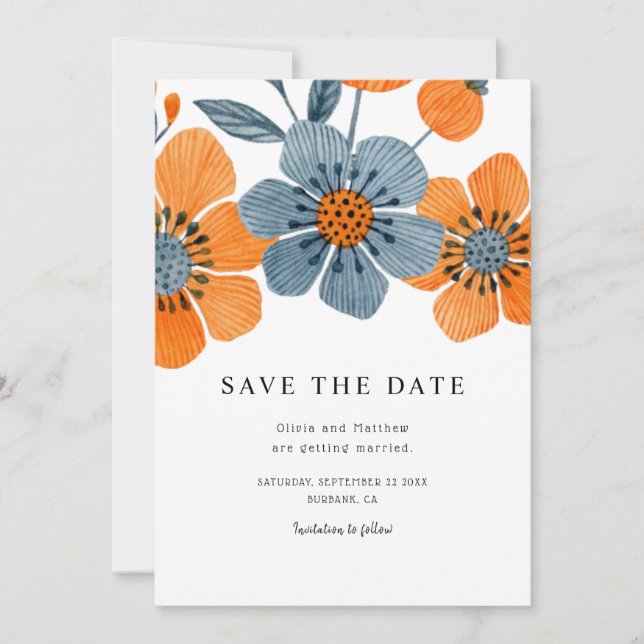 Boho Orange Blossom Floral Wedding Save The Date (Front)