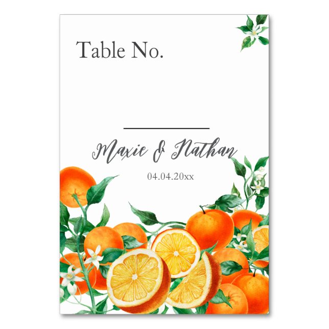 Boho Orange Blossom Wedding Table Number (Front)