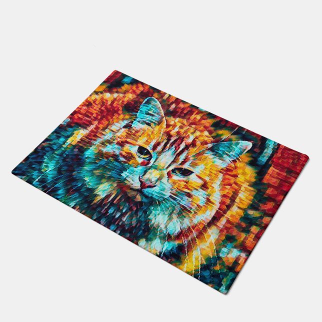 Boho Orange Blue Colourful Hippie Tabby Cat Doormat (Angled)