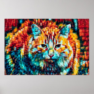 Boho Orange Blue Colourful Hippie Tabby Cat Poster