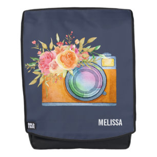 Boho Orange Camera & Floral Bouquet Watercolor Backpack