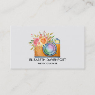 Boho Orange Camera & Floral Bouquet Watercolor Business Card