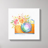 Boho Orange Camera & Floral Bouquet Watercolor