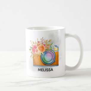 Boho Orange Camera & Floral Bouquet Watercolor Coffee Mug