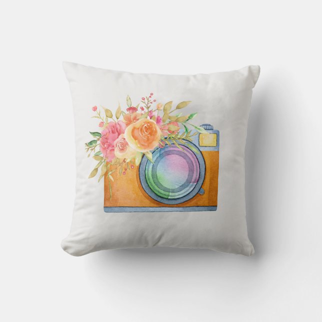 Boho Orange Camera & Floral Bouquet Watercolor Cushion (Front)