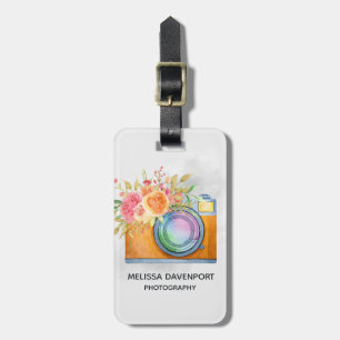 Boho Orange Camera & Floral Bouquet Watercolor Luggage Tag