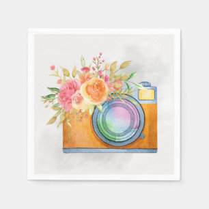 Boho Orange Camera & Floral Bouquet Watercolor Napkin