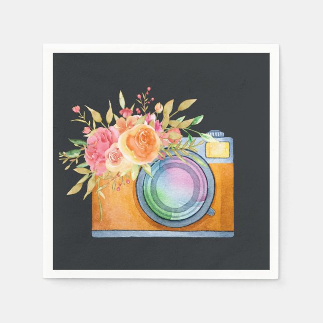 Boho Orange Camera & Floral Bouquet Watercolor Napkin (Front)