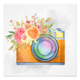 Boho Orange Camera & Floral Bouquet Watercolor Photo Print