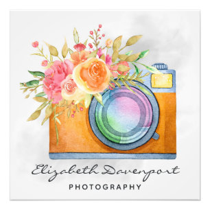 Boho Orange Camera & Floral Bouquet Watercolor Photo Print