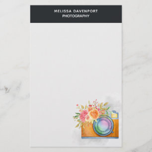 Boho Orange Camera & Floral Bouquet Watercolor Stationery