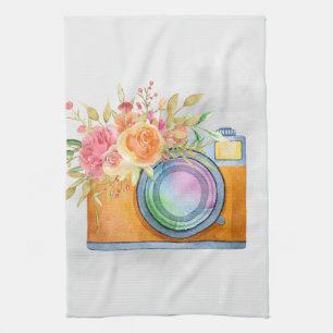 Boho Orange Camera & Floral Bouquet Watercolor Tea Towel