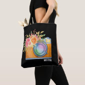 Boho Orange Camera & Floral Bouquet Watercolor Tote Bag (Close Up)