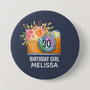 Boho Orange Camera & Flowers Watercolor Birthday 7.5 Cm Round Badge