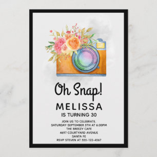 Boho Orange Camera & Flowers Watercolor Birthday Invitation