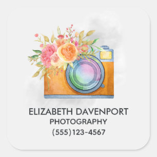 Boho Orange Camera & Flowers Watercolor Business Square Sticker