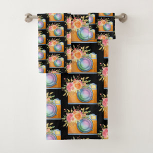 Boho Orange Camera & Flowers Watercolor Pattern Bath Towel Set