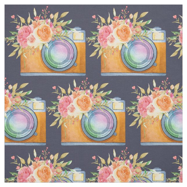 Boho Orange Camera & Flowers Watercolor Pattern Fabric (Swatch)