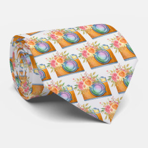 Boho Orange Camera & Flowers Watercolor Pattern Tie