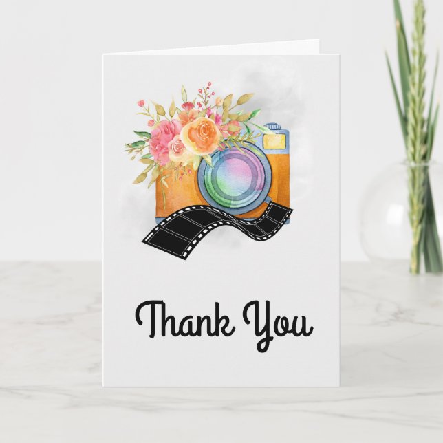 Boho Orange Camera & Flowers Watercolor Thank You Card (Front)