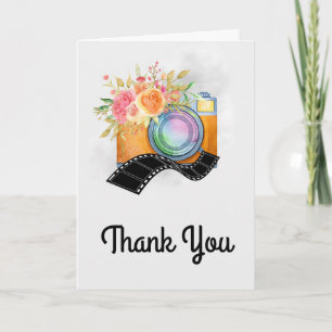 Boho Orange Camera & Flowers Watercolor Thank You Card