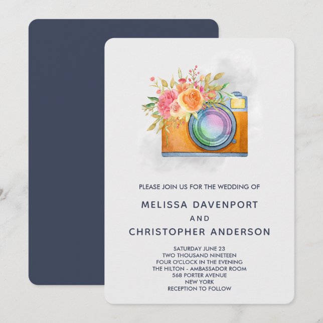 Boho Orange Camera & Flowers Watercolor Wedding Invitation (Front/Back)
