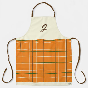 Boho Orange Chocolate Cream Green Grid Monogram Apron