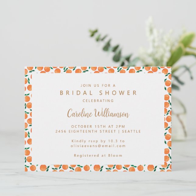 Boho Orange Citrus Fruit Cute Bridal Shower Invitation (Standing Front)