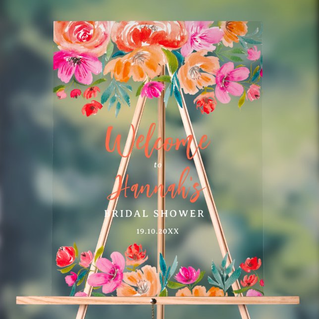 Boho orange floral wildflowers bridal welcome acrylic sign (Neutral)