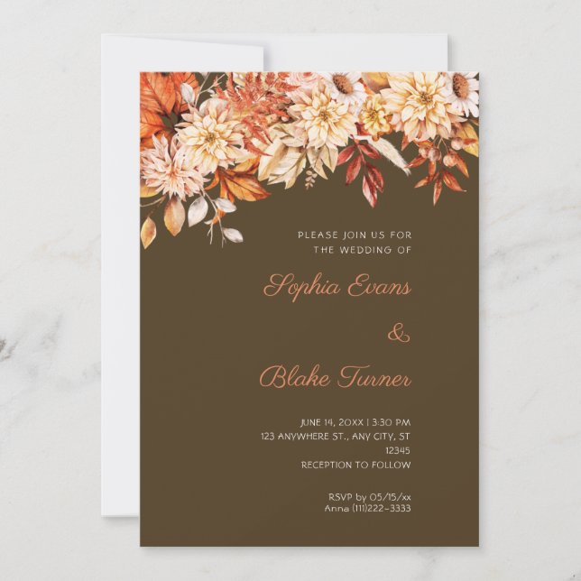 Boho Orange Floral Winter Coffee Brown Wedding Invitation (Front)