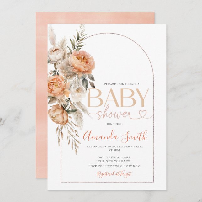 Boho Orange Flowers Girl Baby Shower Pampas Grass Invitation (Front/Back)