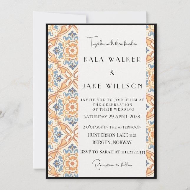 Boho Orange Geometric Italian Tile + Border Invitation (Front)