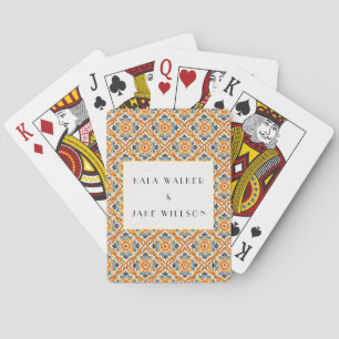 Boho Orange Geometric Italian Tile Wedding Playing Cards