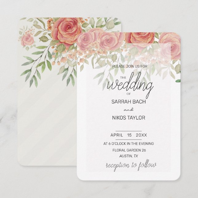 Boho Orange Light And Blush Roses Watercolor Invitation (Front/Back)