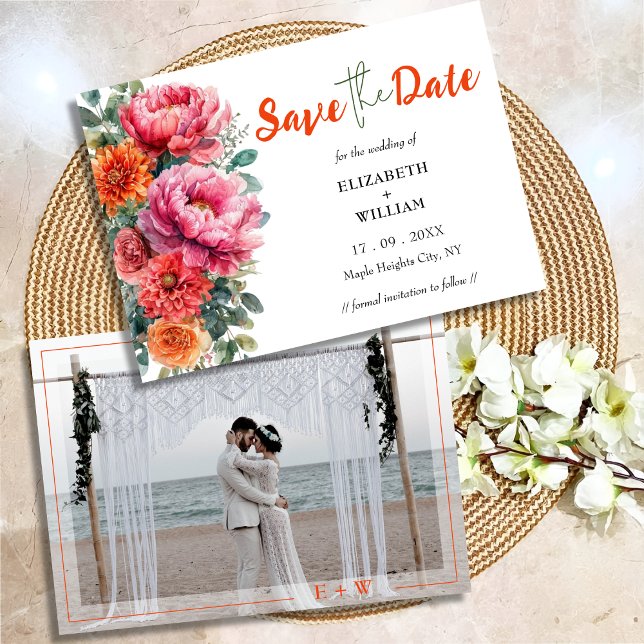 Boho Orange & Pink Floral Photo Initials Wedding Save The Date (Creator Uploaded)