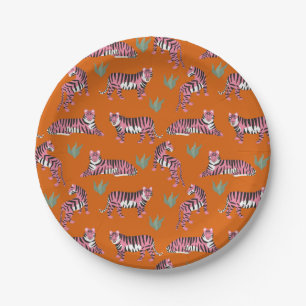 Boho Orange Pink Jungle Tigers Paper Plate