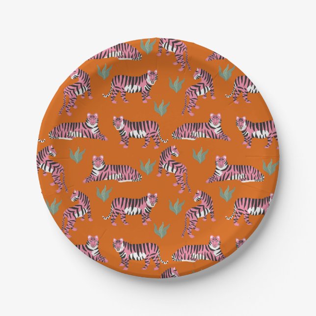 Boho Orange Pink Jungle Tigers Paper Plate (Front)