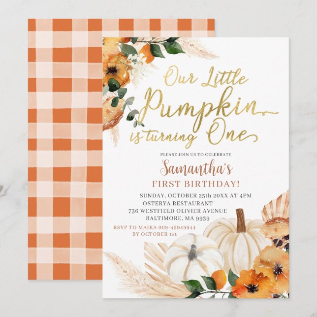 Boho Orange Pumpkin Birthday Invitation (Front/Back)