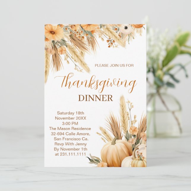 Boho Orange Pumpkin Thanksgiving Dinner Invitation (Standing Front)