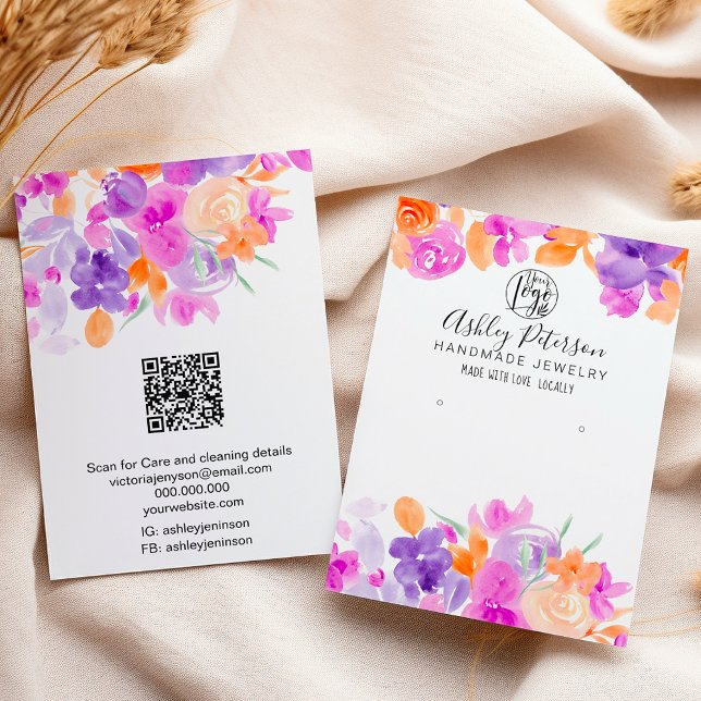 Boho orange purplefloral logo jewellery earring business card (Boho orange purple floral logo jewelry earring business card)
